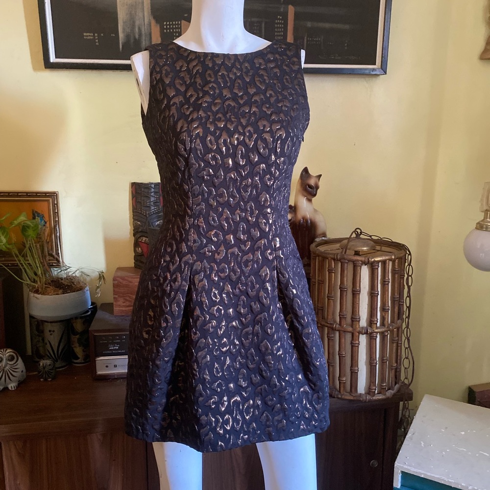Ladies black and metallic gold fire brocade mini cocktail dress mod goth